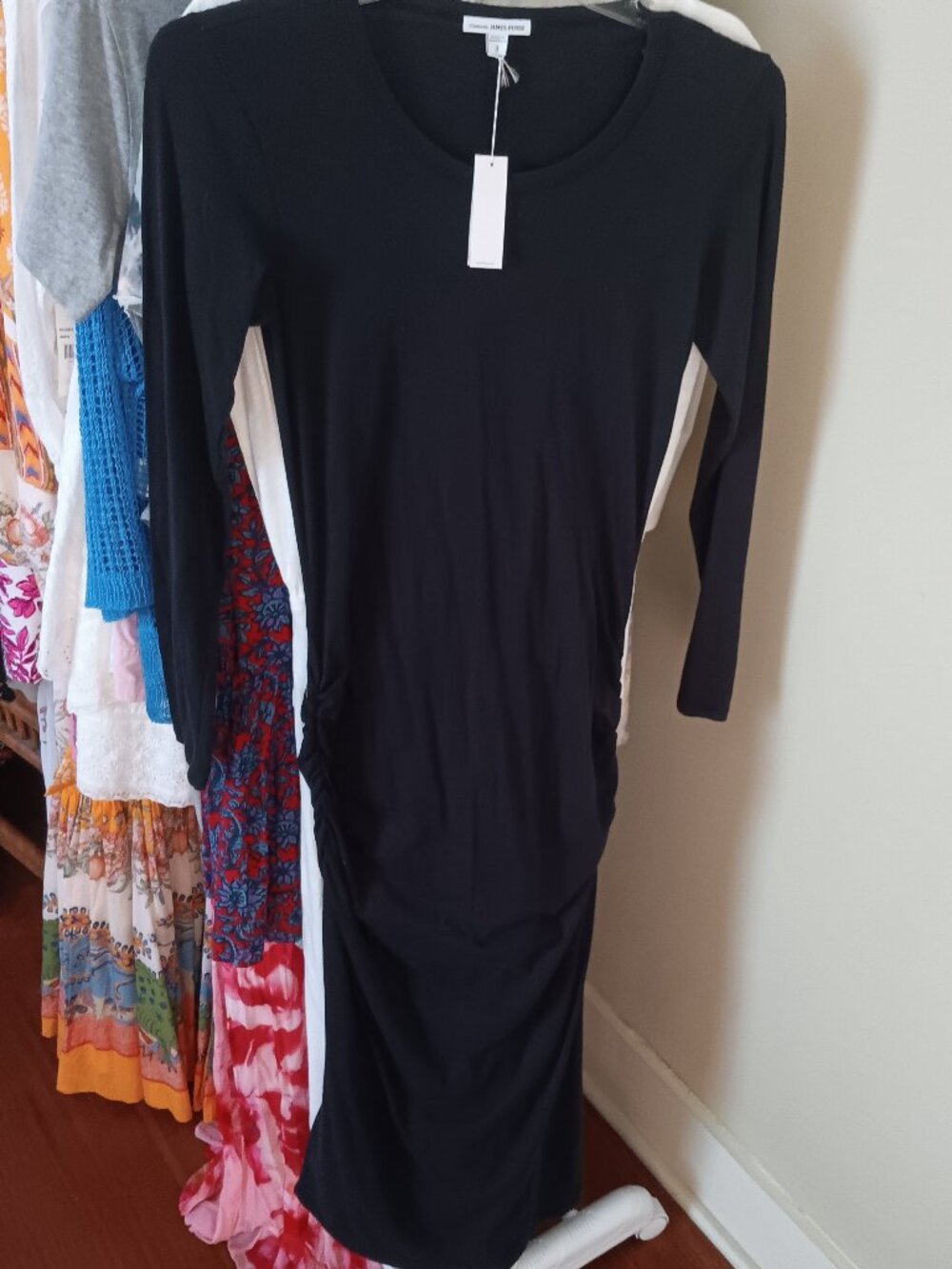 NWT James Perse Black Side Ruched Cotton Knit Maxi Dress Size 3 (Large)